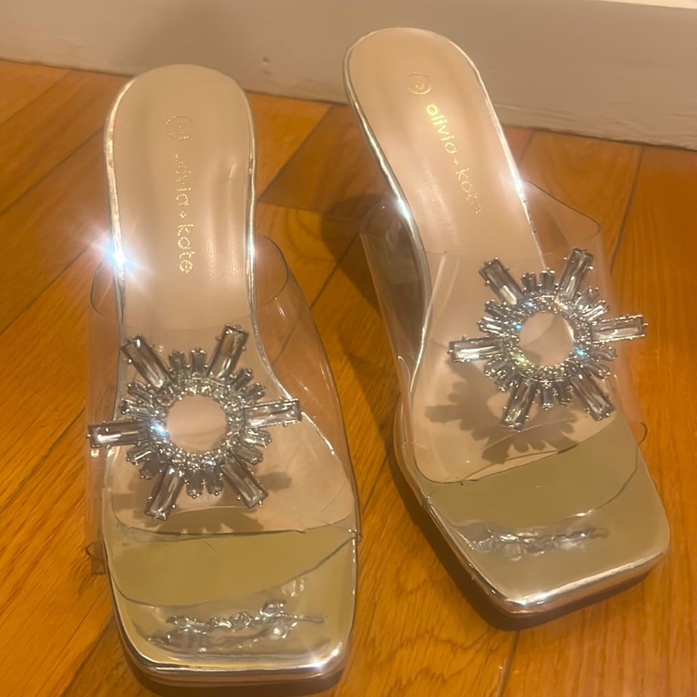 Olivia + Kate Clear heel sandals with Rhinestone embellishments Size 6
